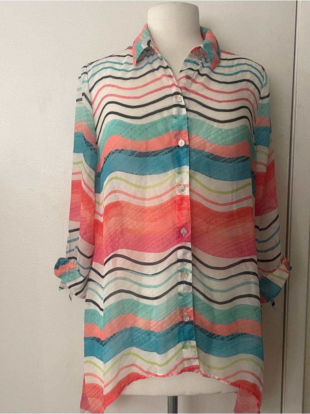 Chico's Multicolor Wave Stripe Shirt - Coral, Teal & Black